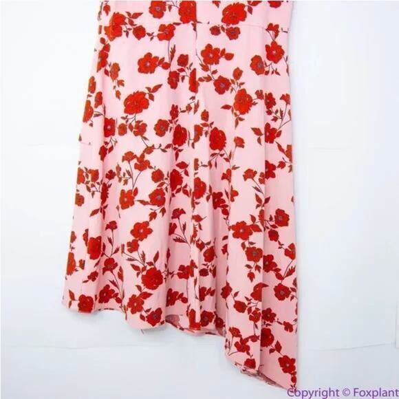 Adrianna Papell warm pink red floral print high low flutter sleeve dress size 14 - Picture 14 of 16